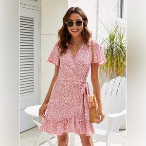 Naggoo short sleeve floral pink mini wrap dress